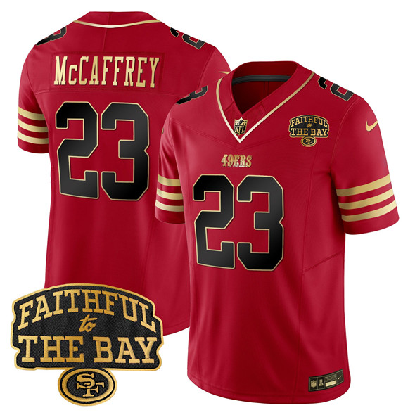 Men's Red San Francisco 49ers #23 Christian Mccaffrey 2025 F.U.S.E. Faithful To The Bay Patch Limited V8 Stitched Football Jersey